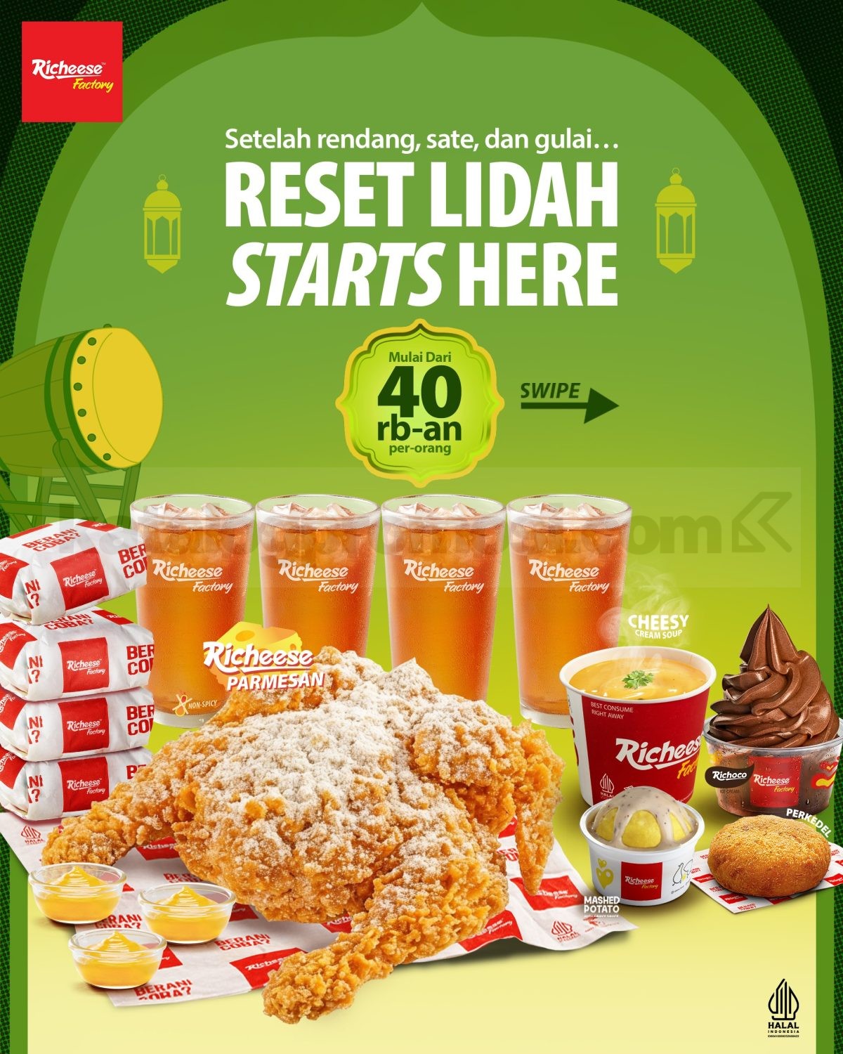 Promo Richeese Factory Mabar Complete mulai Rp. 40 Ribuan Promo Richeese Factory Combo Mabar Complete mulai 40 ribuan per orang dengan ayam satu ekor dan 4 side dish