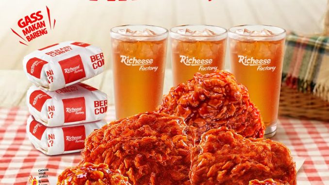 Promo Richeese Factory Combo Mabar Fire Chicken Mulai Rp. 137.273 isi 5 Fire Chicken 3 Nasi dan 3 Drink