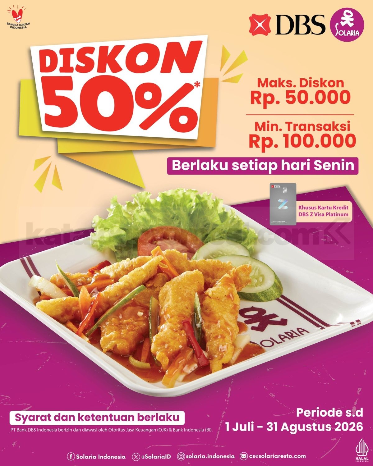 Promo Solaria Diskon 50% Pakai Kartu Kredit DBS Promo Solaria Diskon 50% Pakai Kartu Kredit DBS dengan potongan hingga Rp. 50.000 setiap hari Senin.