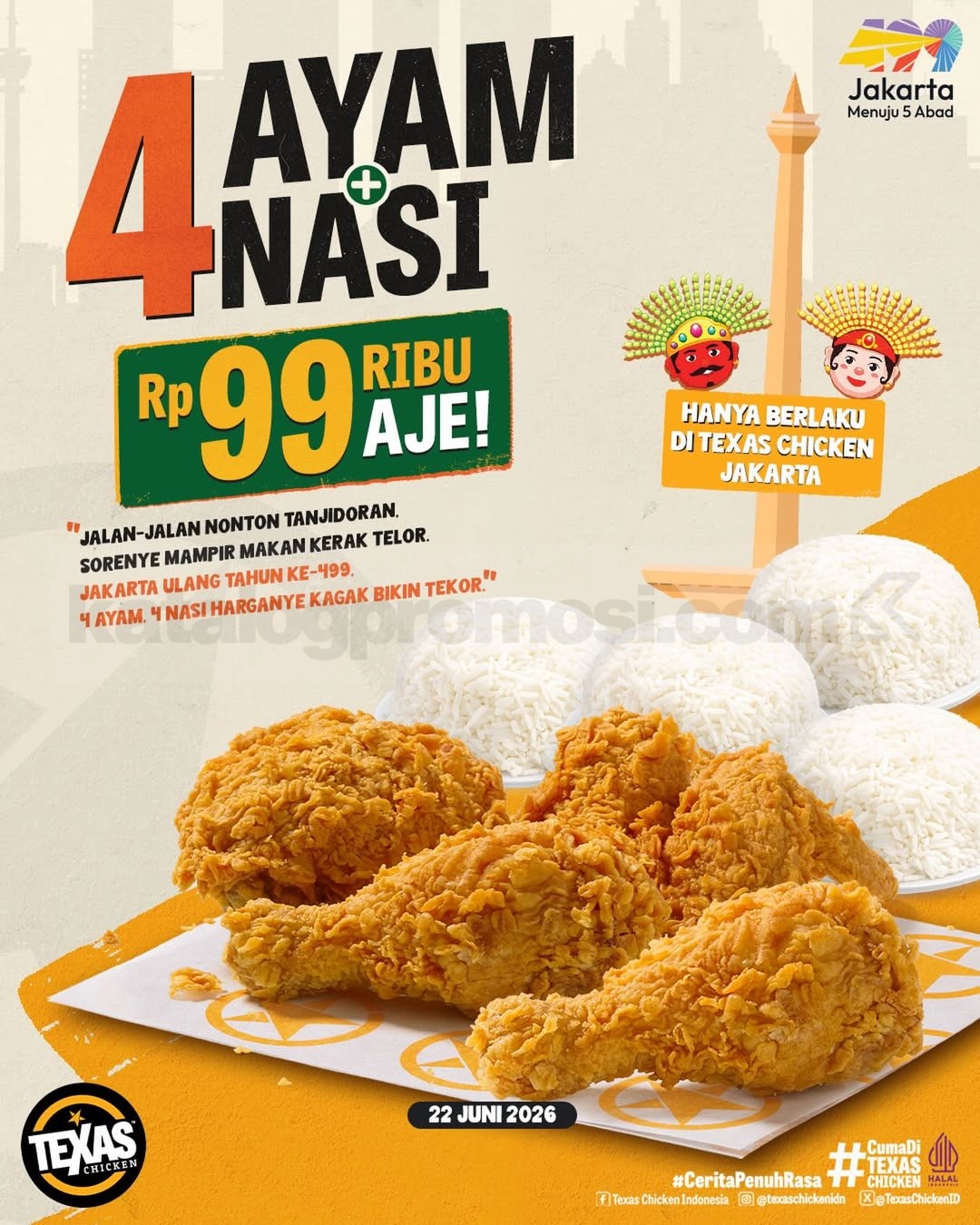 Promo Texas Chicken HUT Jakarta 499 Paket 4 Ayam + 4 Nasi Rp 99 Ribu Promo Texas Chicken HUT Jakarta 499 paket 4 ayam 4 nasi Rp99 ribu