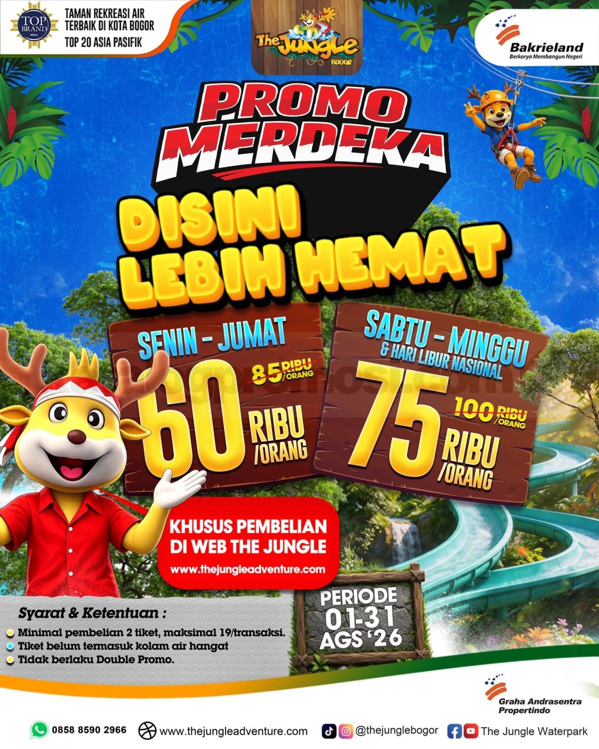 Promo The Jungle Merdeka Tiket Mulai Rp. 55.000 Promo The Jungle Merdeka Tiket Mulai Rp. 55.000 melalui website resmi selama Agustus 2026.