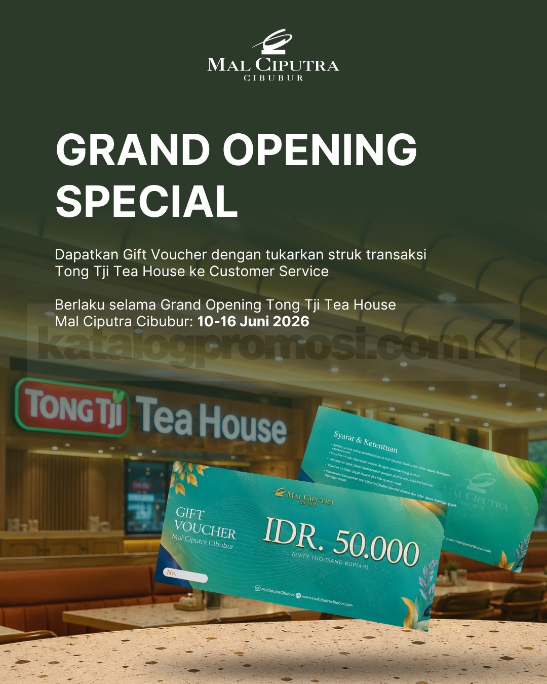 Promo Tong Tji Tea House Grand Opening Gift Voucher Rp. 50.000 Promo Tong Tji Tea House Grand Opening Gift Voucher Rp. 50.000 di Mal Ciputra Cibubur