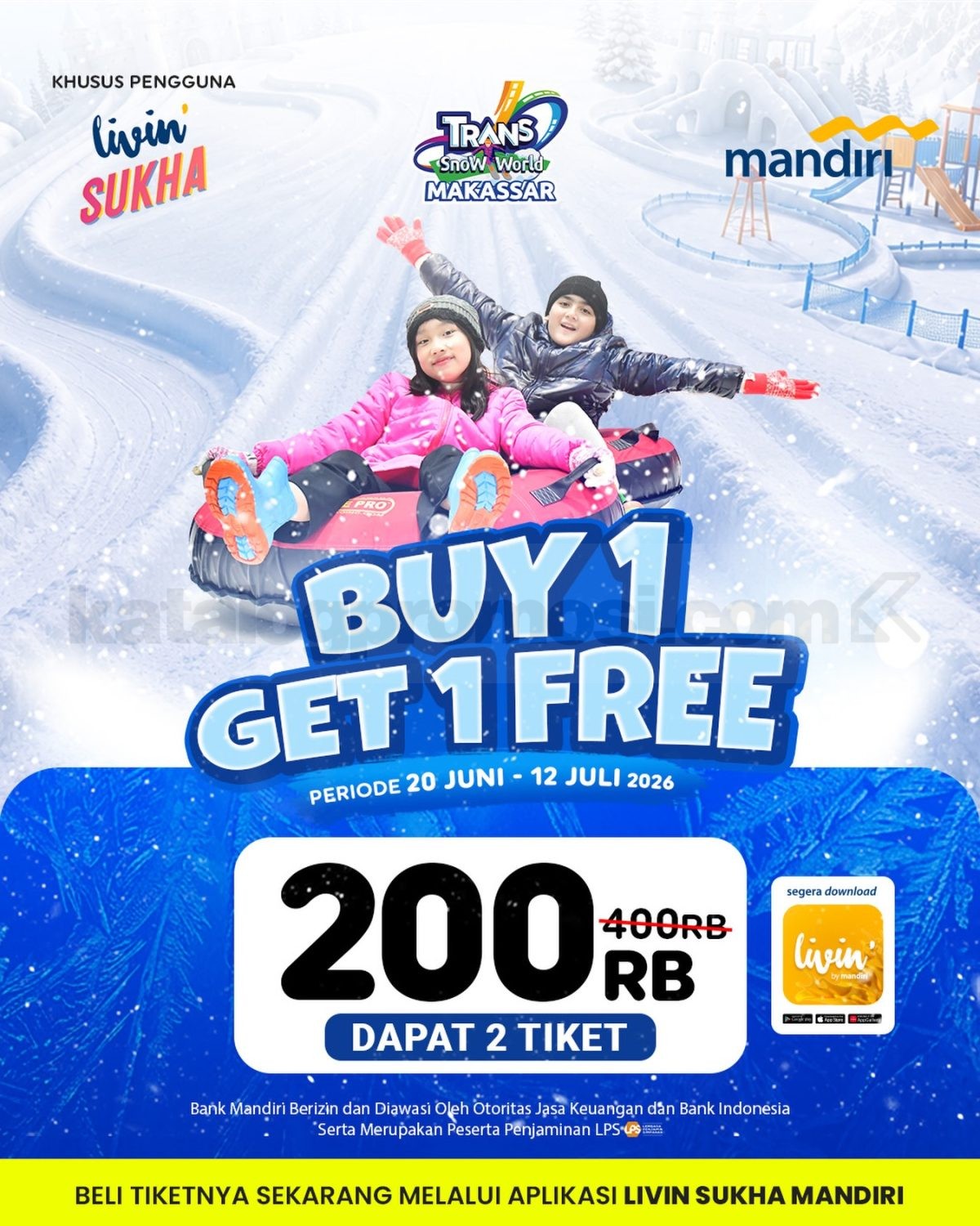 Promo Trans Snow World Makassar Buy 1 Get 1 Free Tiket Promo Trans Snow World Makassar Buy 1 Get 1 Free Tiket Rp. 200.000 untuk 2 tiket bermain salju