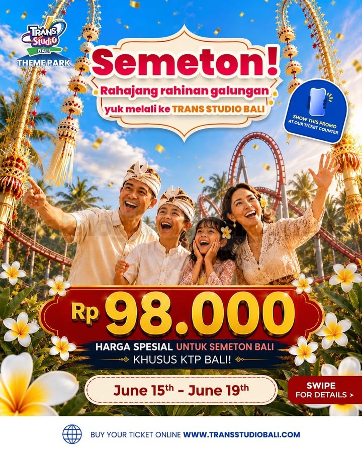 Promo Trans Studio Bali Galungan Tiket Rp. 98.000 Promo Trans Studio Bali Galungan Tiket Rp. 98.000 akses semua wahana untuk pemilik KTP Bali