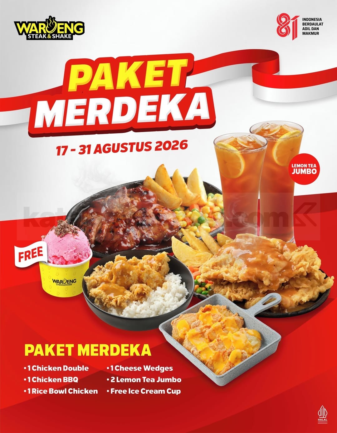 Promo Waroeng Steak Paket Merdeka Mulai Rp 133 Ribuan Promo Waroeng Steak Paket Merdeka Mulai Rp 133 Ribuan dengan Chicken, Lemon Tea, Cheese Wedges, dan Ice Cream Cup