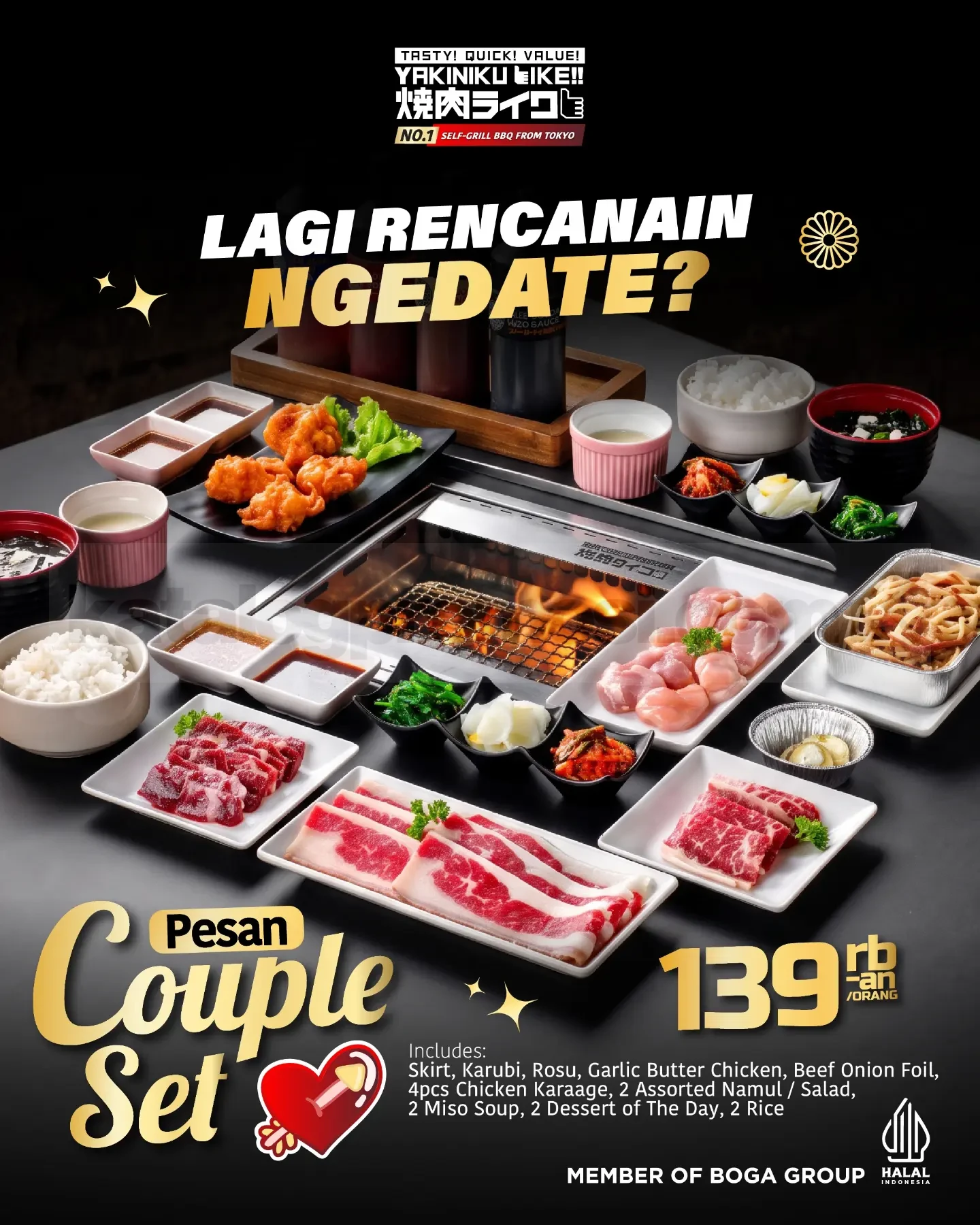 Promo Yakiniku Like Couple Set Mulai Rp139ribuan Promo Yakiniku Like Couple Set mulai Rp139.000-an per orang selama Oktober 2026 dengan pilihan daging yakiniku dan menu pendamping untuk dua orang.