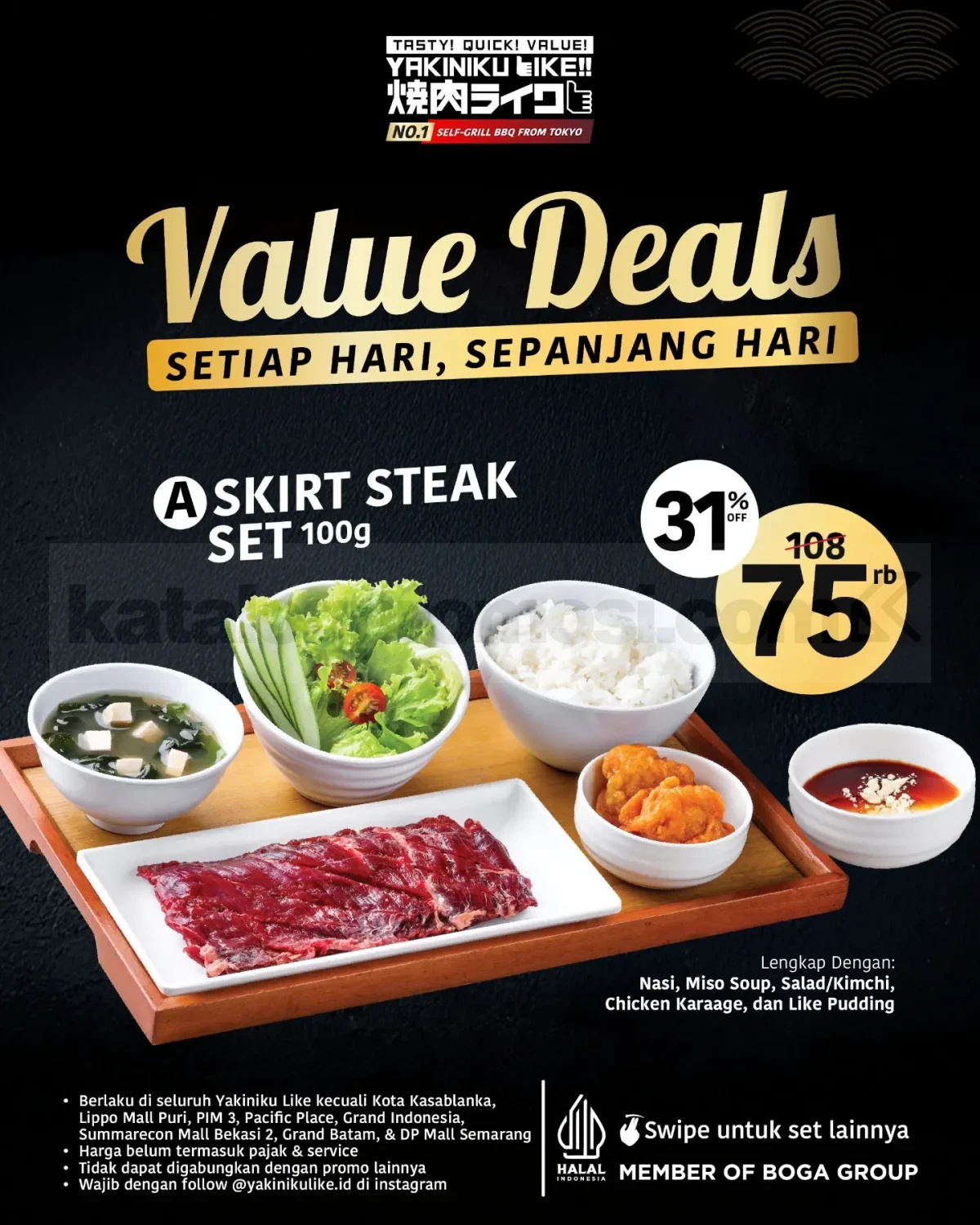 Promo Yakiniku Like Value Deals Mulai Rp. 75.000 Promo Yakiniku Like Value Deals mulai Rp. 75.000 dengan paket yakiniku lengkap setiap hari.