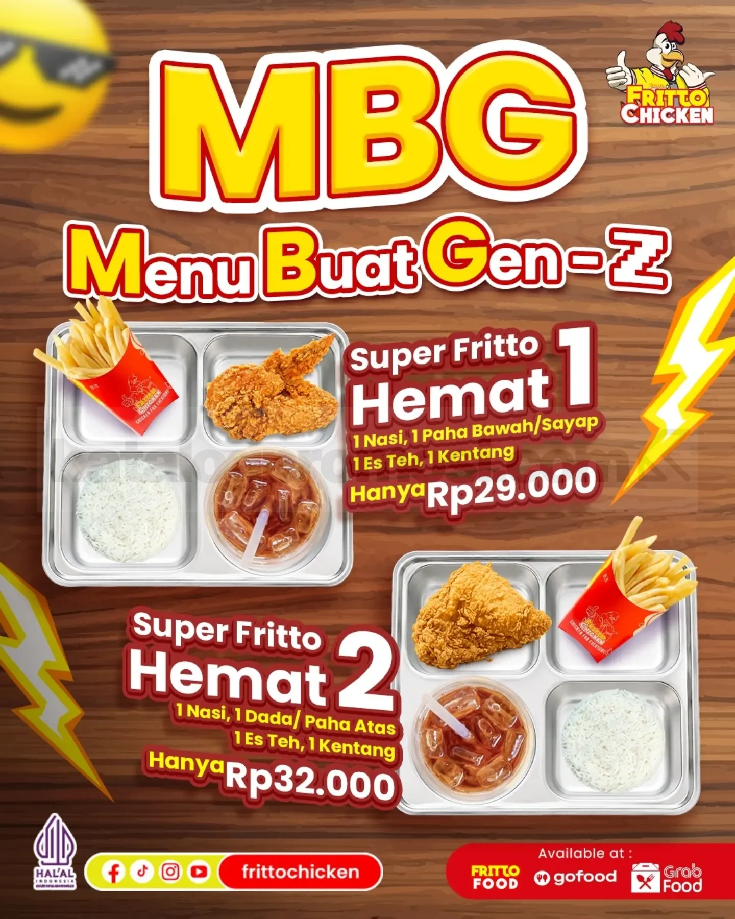 Promo Fritto Chicken Menu MBG Super Fritto Hemat Mulai Rp. 29.000 Promo Fritto Chicken Menu MBG Super Fritto Hemat mulai Rp. 29.000 dengan paket ayam, nasi, kentang, dan es teh.