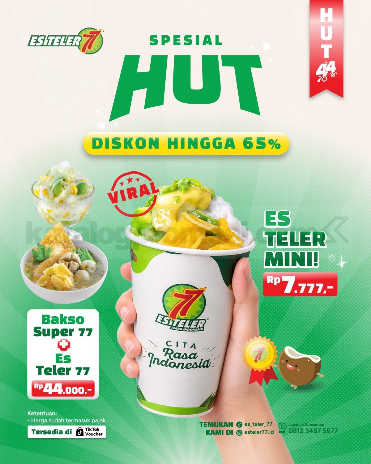 Promo Es Teler 77 Ulang Tahun Menu Mulai Rp. 7.777 Promo Es Teler 77 Ulang Tahun menu mulai Rp. 7.777 melalui TikTok dan redeem di gerai Es Teler 77.