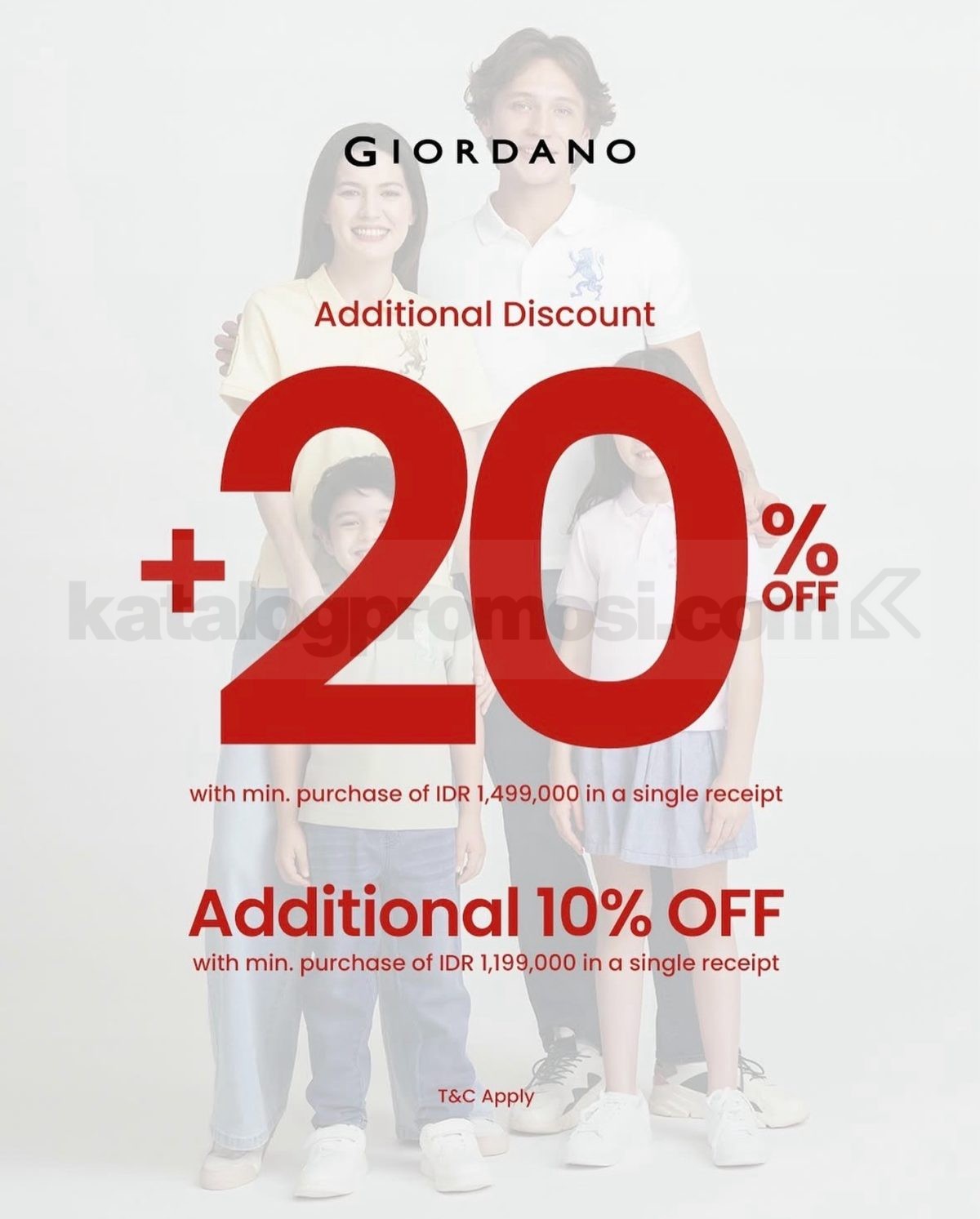 Promo Giordano Additional Diskon 20% +10% Off* Promo Giordano Additional Diskon 20% +10% Off untuk koleksi pilihan periode 13 Juni hingga 16 Juni 2026