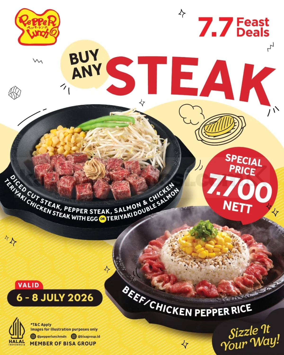 Promo Pepper Lunch 7.7 Feast Deals Menu Kedua Cuma Rp. 7.700 Promo Pepper Lunch 7.7 Feast Deals menu kedua cuma Rp. 7.700 untuk menu pilihan periode 6โ8 Juli 2026.