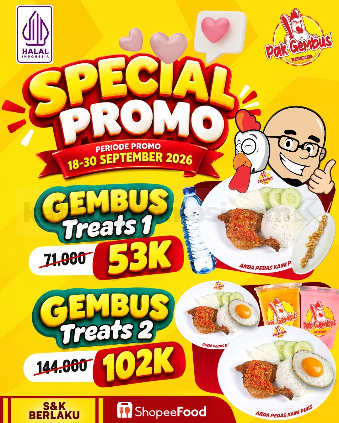 Promo Ayam Gepuk Pak Gembus Gembus Treats Mulai Rp53.000 Promo Ayam Gepuk Pak Gembus Gembus Treats mulai Rp53.000 via ShopeeFood sampai 30 September 2026