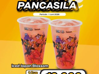 Promo Bean Spot Hari Lahir Pancasila Iced Japan Blossom Rp12.000 dengan cup karakter One Piece.