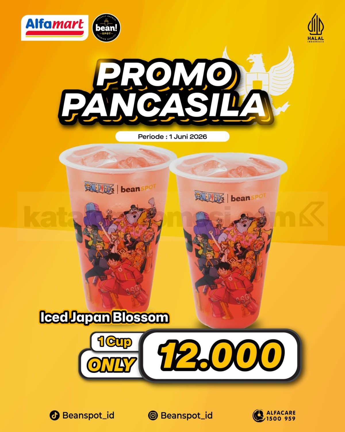 Promo Bean Spot Hari Lahir Pancasila Iced Japan Blossom Rp12.000 Promo Bean Spot Hari Lahir Pancasila Iced Japan Blossom Rp12.000 dengan cup karakter One Piece.