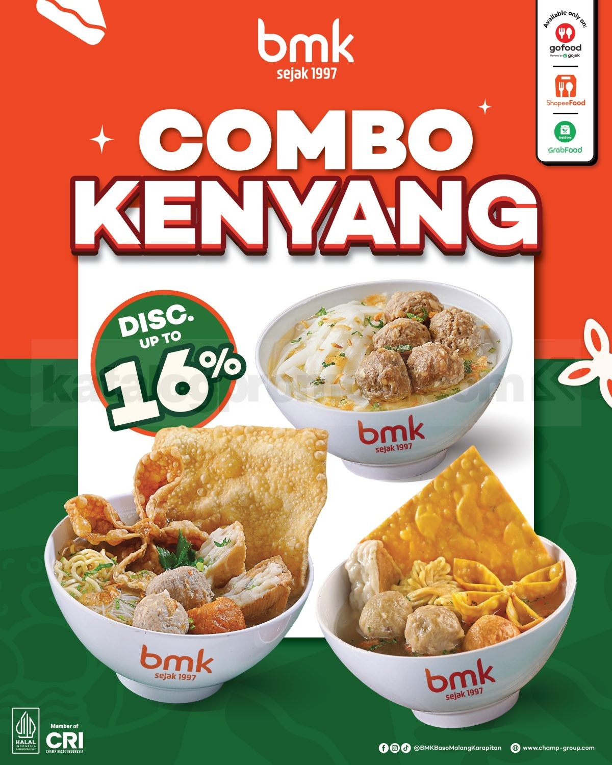 Promo BMK Combo Kenyang mulai Rp. 55.000 Promo BMK Combo Kenyang mulai Rp. 55.000 dengan pilihan paket Baso Malang untuk pemesanan via GoFood, GrabFood, dan ShopeeFood.