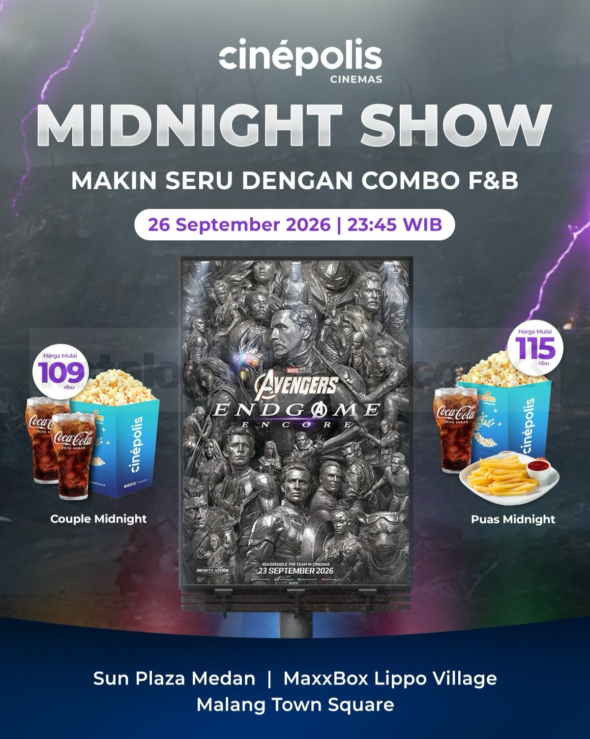Promo Cinépolis Midnight Show Combo F&B mulai Rp109.000 Promo Cinépolis Midnight Show Combo F&B mulai Rp109.000 untuk Avengers: Endgame: Encore