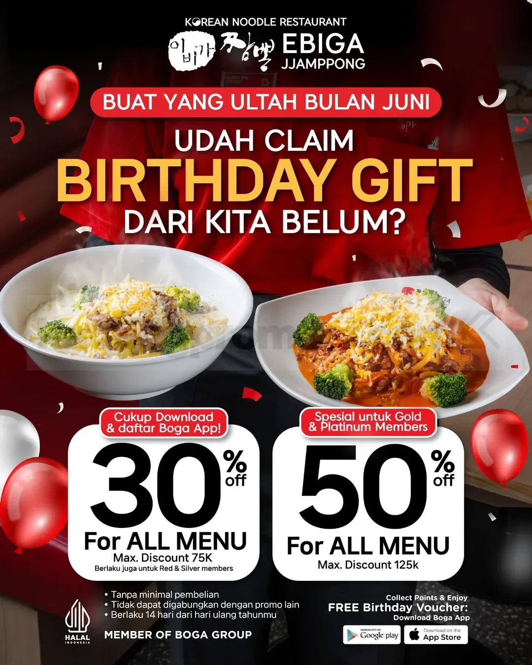 Promo Ebiga Jjamppong Birthday Treats Diskon Hingga 50% Promo Ebiga Jjamppong Birthday Treats Diskon Hingga 50% untuk member Boga App yang berulang tahun bulan Juni.