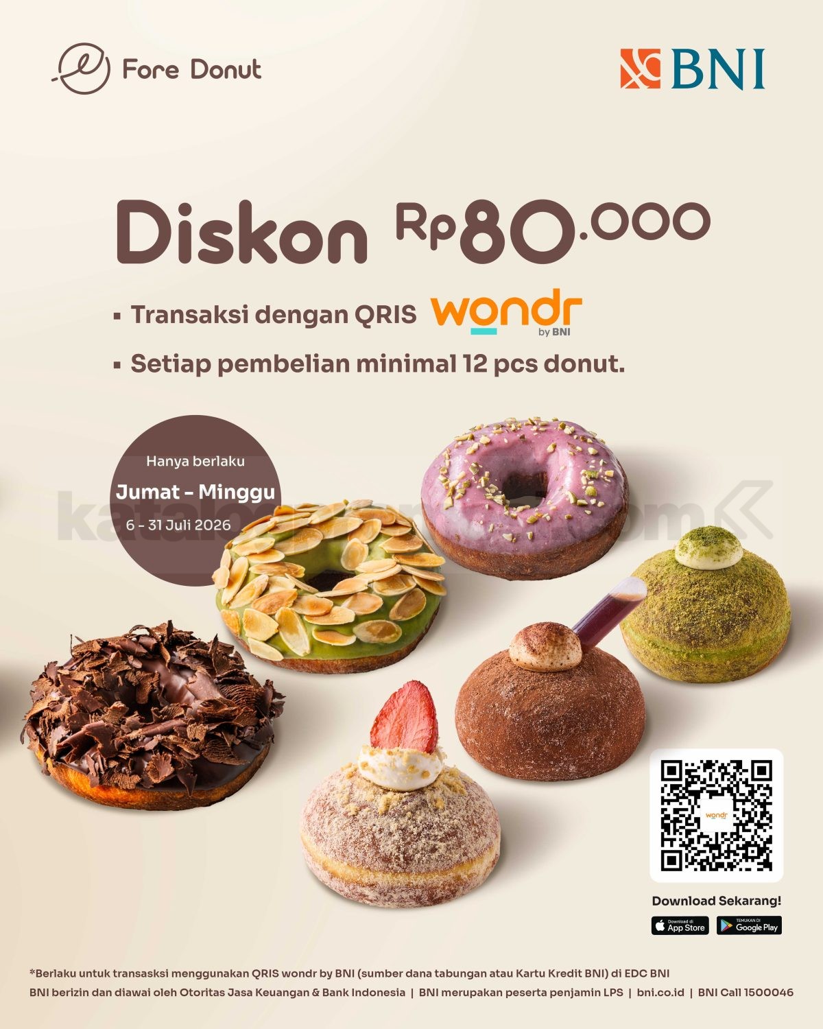 Promo Fore Donut HUT BNI Diskon Rp. 80.000 Promo Fore Donut HUT BNI Diskon Rp. 80.000 untuk pembelian minimal 12 Fore Donut dengan QRIS wondr by BNI.