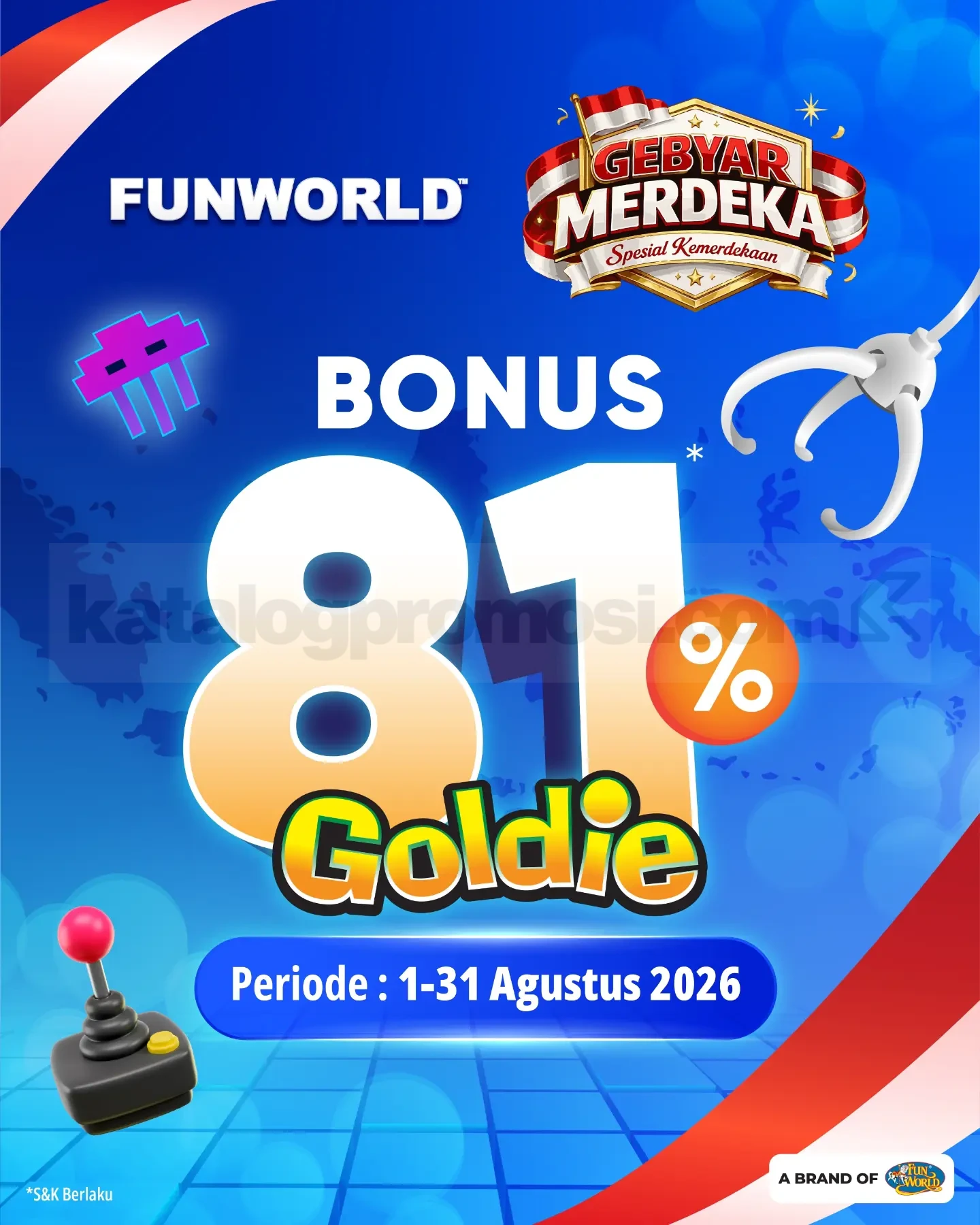 Promo Funworld Gebyar Merdeka Bonus Goldie hingga 81% Promo Funworld Gebyar Merdeka Bonus Goldie hingga 81% selama Agustus 2026.