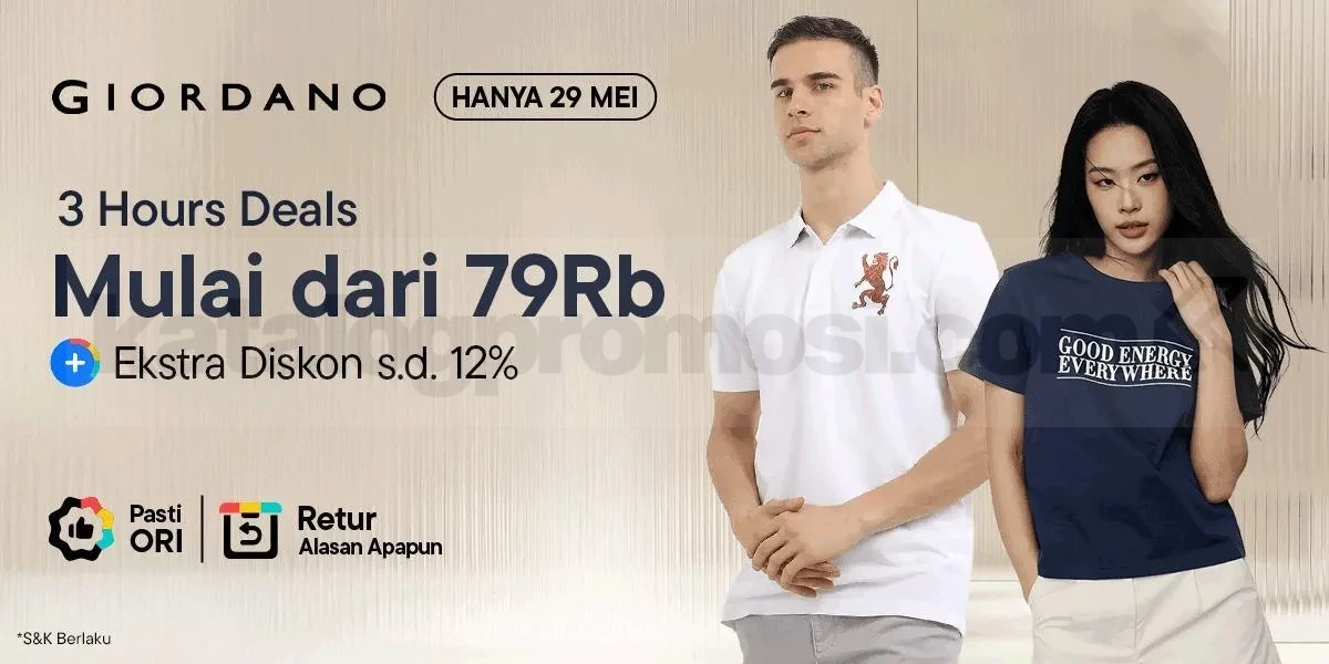 Promo Giordano 3 Hours Deals Mulai Rp. 79.000 Promo Giordano 3 Hours Deals mulai Rp. 79.000 dengan ekstra diskon hingga 12% di Blibli