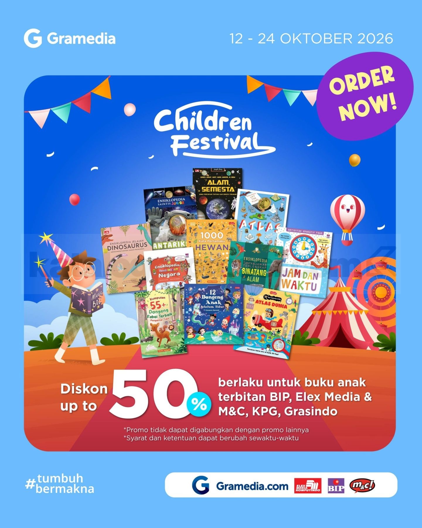 Promo Gramedia Children Festival Diskon hingga 50% Promo Gramedia Children Festival Diskon hingga 50% untuk buku anak dan kesempatan memenangkan hadiah spesial.