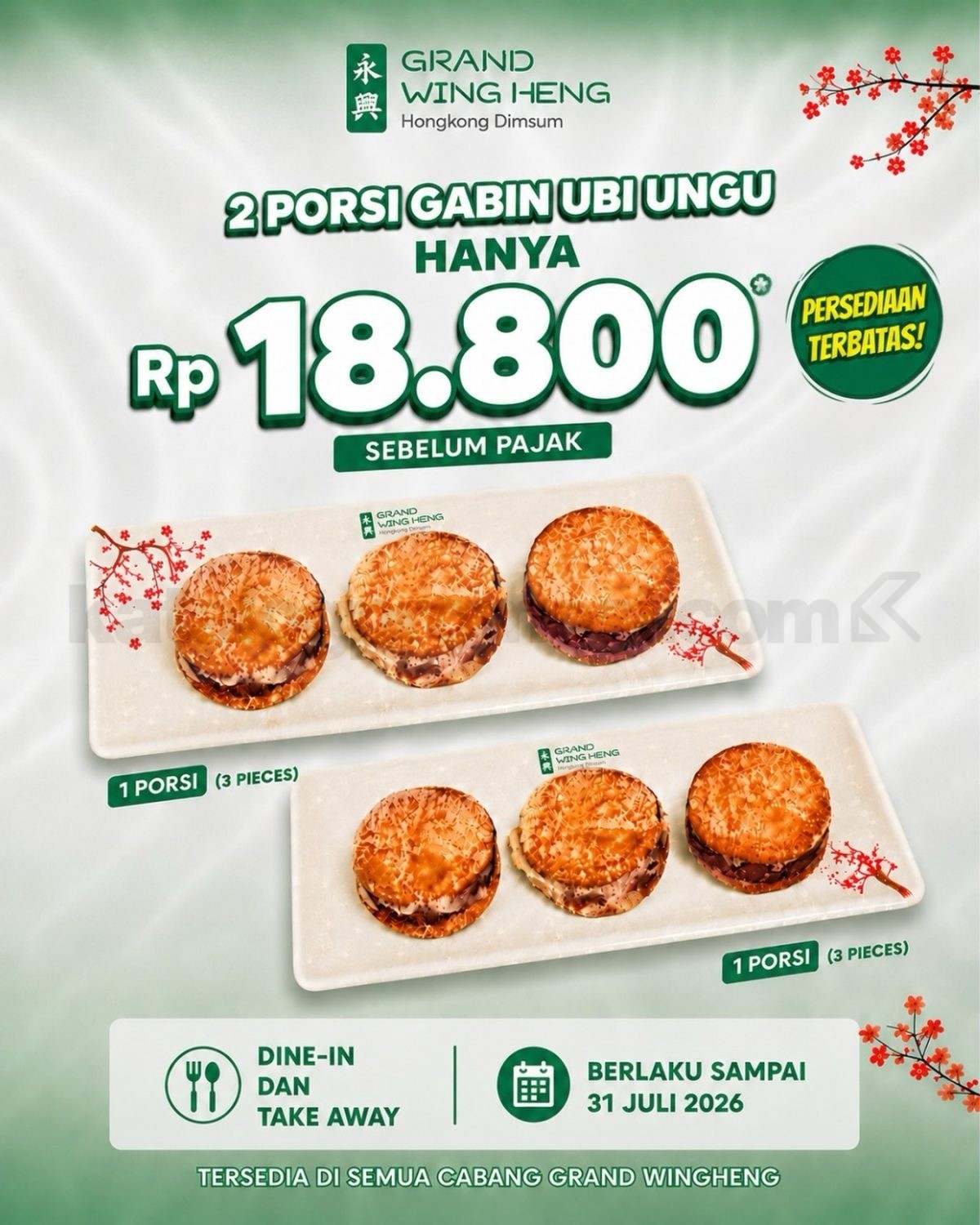 Promo Grand Wingheng Flash Sale 2 Gabin Ubi Ungu Rp. 18.800 Promo Grand Wingheng Flash Sale 2 Gabin Ubi Ungu Rp. 18.800 untuk 2 porsi isi 6 pcs hingga 31 Juli 2026.