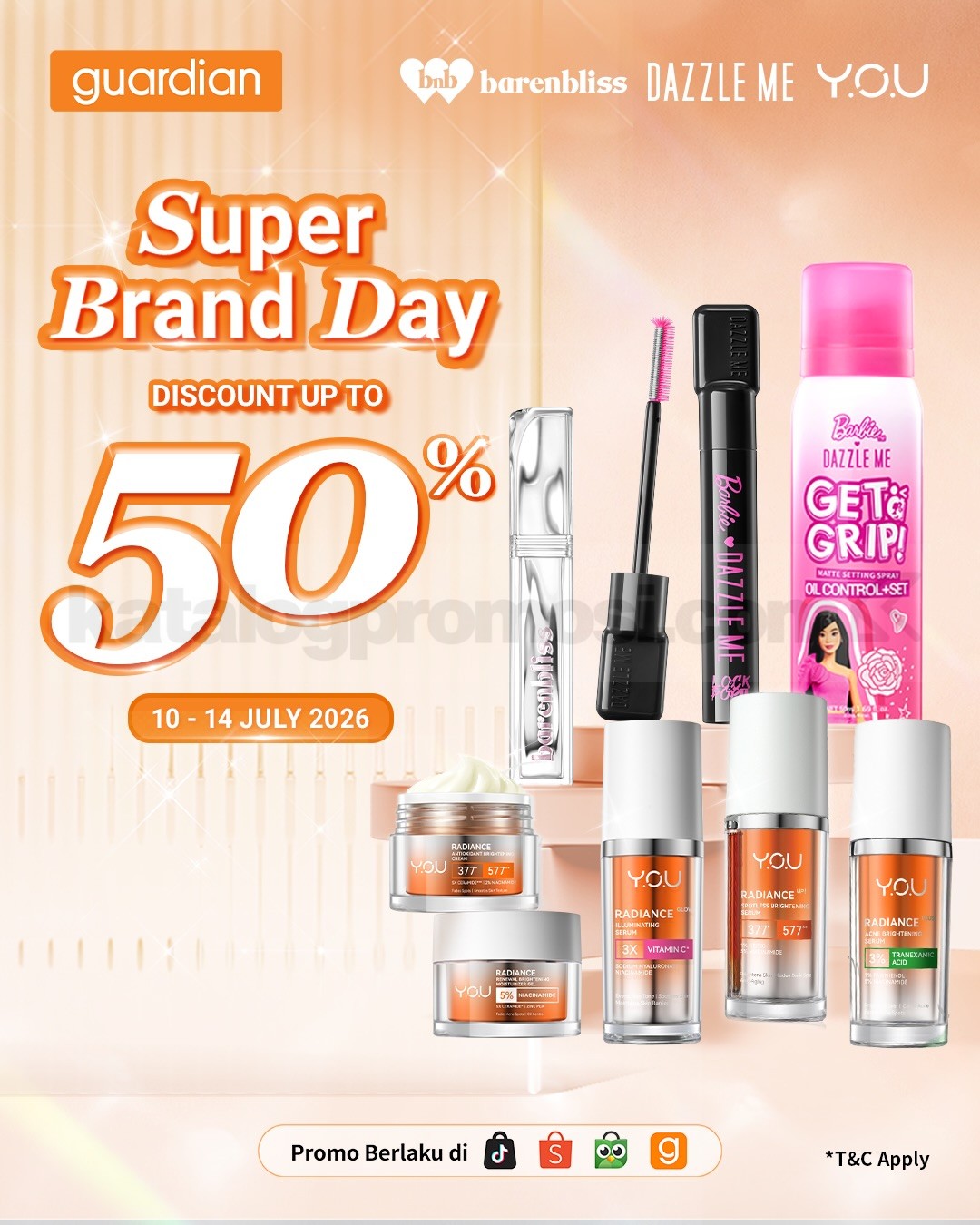 Promo Guardian Super Brand Day Diskon hingga 50% Promo Guardian Super Brand Day Diskon hingga 50% untuk Barenbliss, Dazzle Me, dan YOU periode 10–14 Juli 2026.