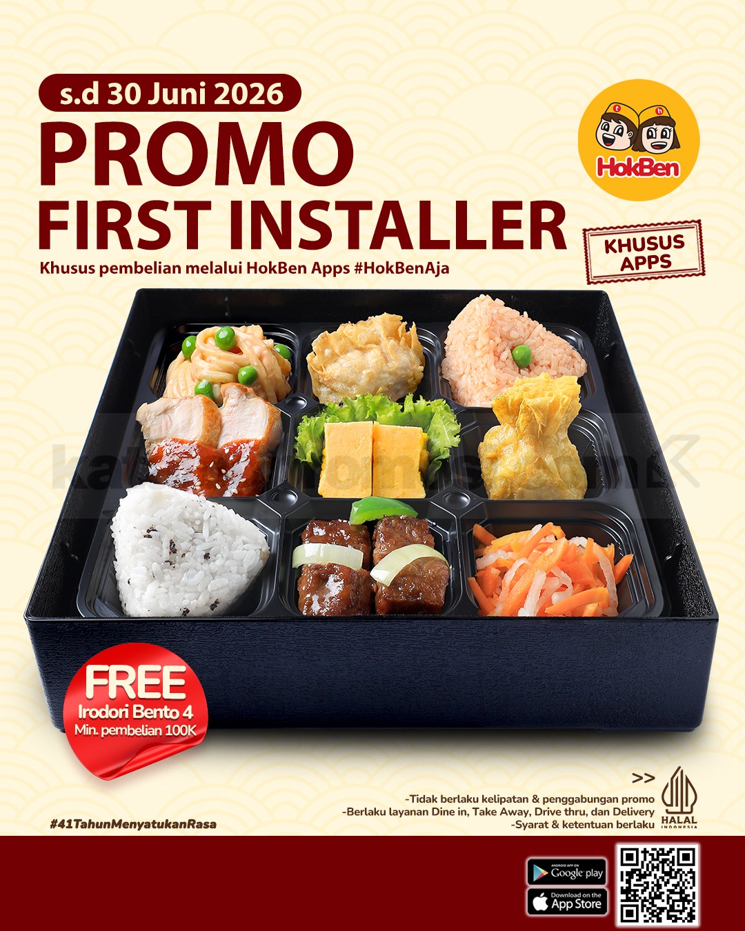 Promo HokBen First Installer Gratis Irodori Bento 4 Promo HokBen First Installer Gratis Irodori Bento 4 minimal transaksi Rp. 100.000 dan reward poin Juni 2026