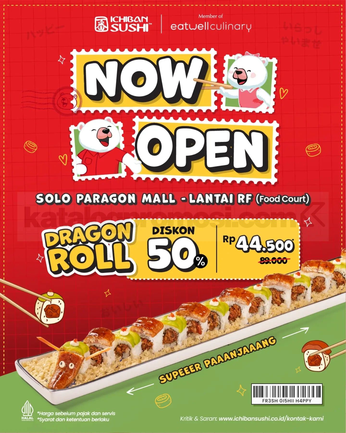 Promo Ichiban Sushi Opening Dragon Roll Diskon 50% Promo Ichiban Sushi Opening Dragon Roll diskon 50% menjadi Rp44.500 di Solo Paragon Mall, Solo.