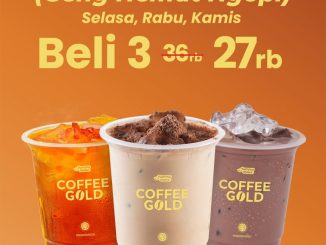 Promo Indomaret Coffee Gold Geng Hepi Beli 3 Rp. 27.000 untuk Tropical Passion Tea Ice, Tiramisu Latte Ice, dan Hazelnut Chocolate Ice