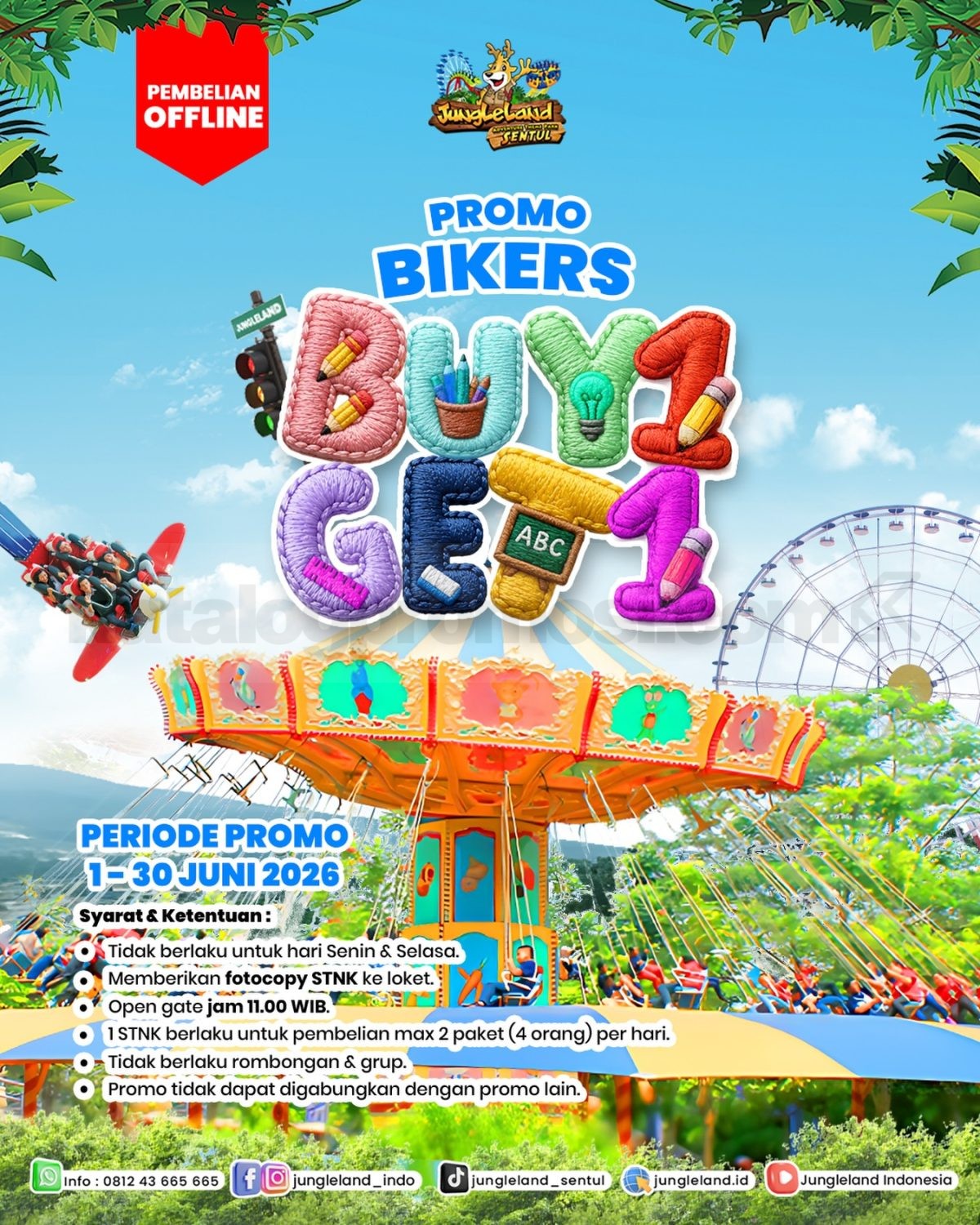 Promo JungleLand Bikers Beli 1 Gratis 1 Tiket Masuk Promo JungleLand Bikers Beli 1 Gratis 1 Tiket Masuk Juni 2026 dengan syarat STNK