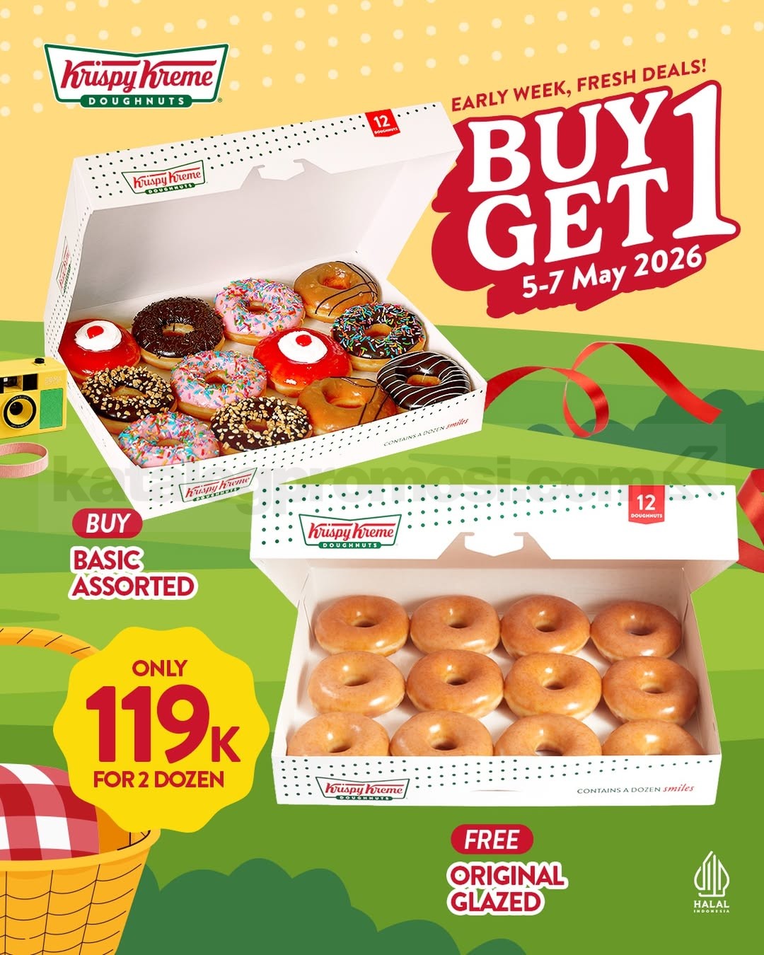 Promo Krispy Kreme 5.5 Sale Beli 1 Gratis 1 Promo Krispy Kreme 5.5 Sale Beli 1 Gratis 1 total 2 lusin donat periode Mei 2026