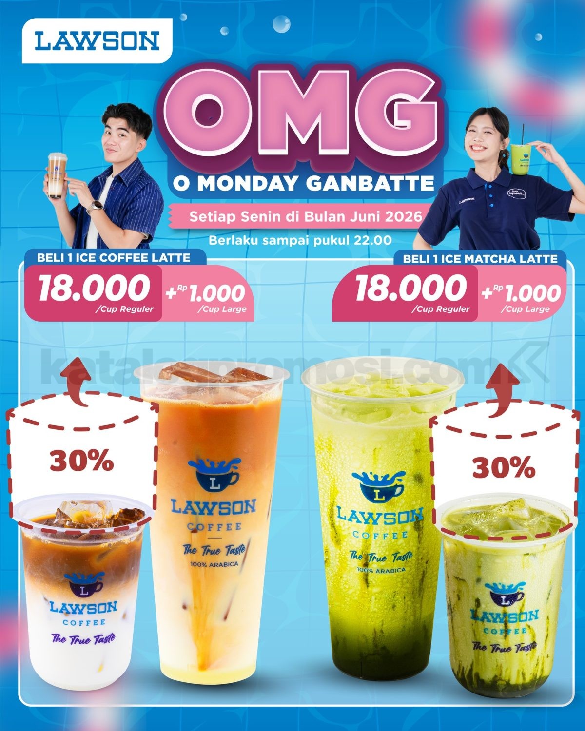 Promo Lawson O Monday Ganbatte Upgrade Large Rp. 1.000 Promo Lawson O Monday Ganbatte Upgrade Large Rp. 1.000 untuk Ice Coffee Latte dan Matcha Latte selama Juni 2026.