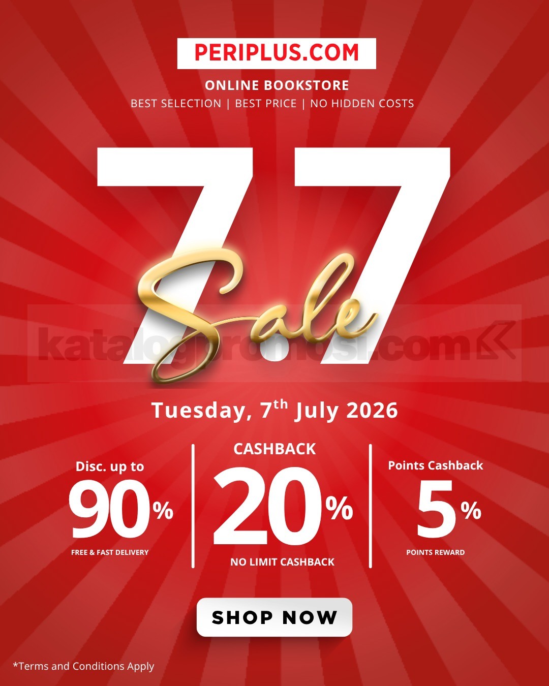 Promo Periplus 7.7 Sale Cashback 20% No Limit Promo Periplus 7.7 Sale Cashback 20% No Limit dengan diskon hingga 90% dan Extra Points Cashback 5%