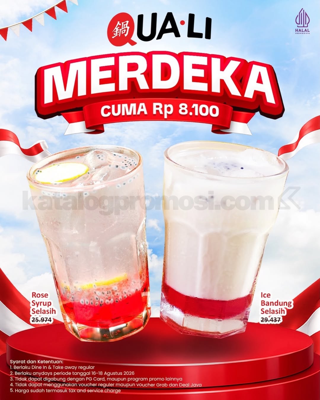 Promo QUA-LI Merdeka Minuman Selasih Cuma Rp8.100 Promo QUA-LI Merdeka minuman selasih Rp8.100 untuk Rose Syrup Selasih dan Ice Bandung Selasih