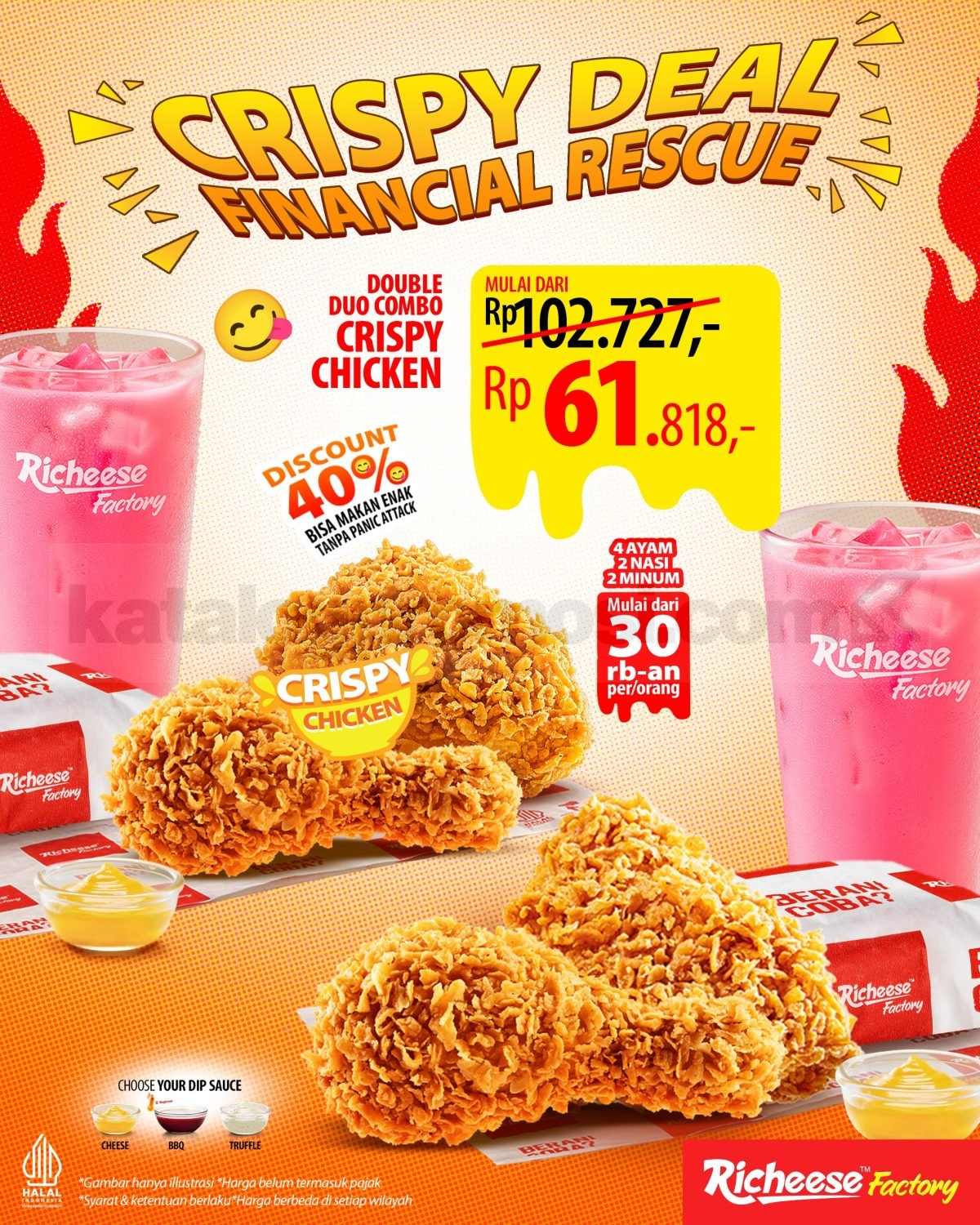 Promo Richeese Factory Double Duo Diskon 40% Promo Richeese Factory Double Duo Diskon 40% dengan paket 4 Chicken, 2 Rice, dan 2 Drink