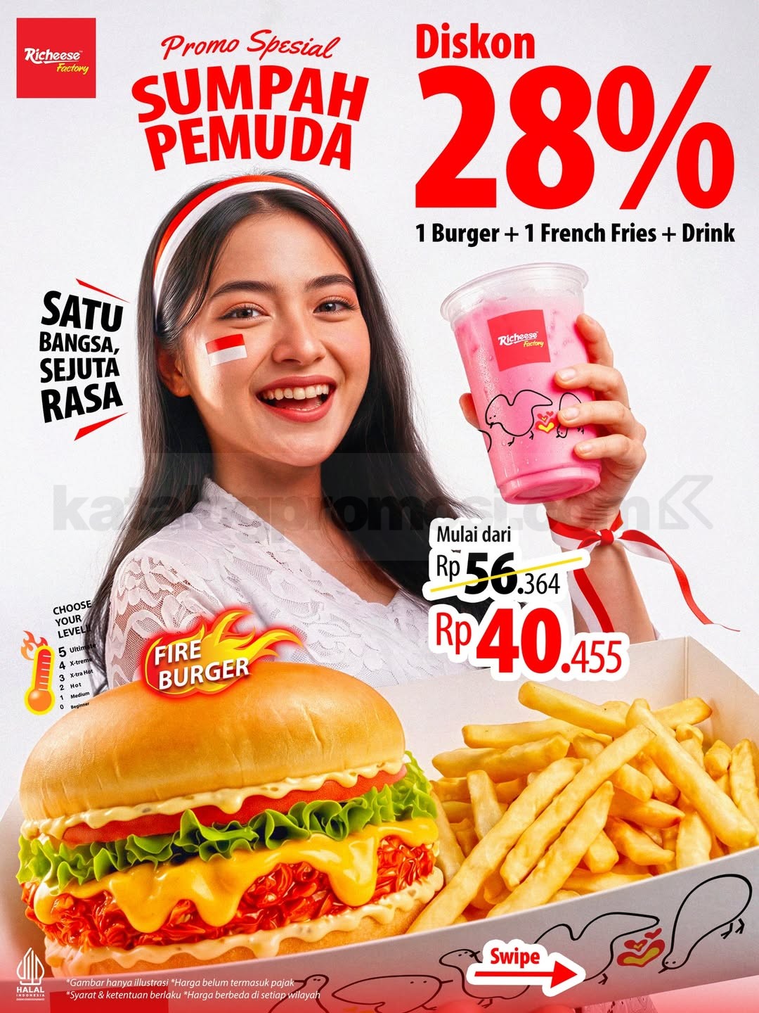 Promo Richeese Factory Sumpah Pemuda Combo Fries Diskon 28% Promo Richeese Factory Sumpah Pemuda Combo Fries diskon 28% dengan harga mulai Rp40.455 pada 28 Oktober 2026.