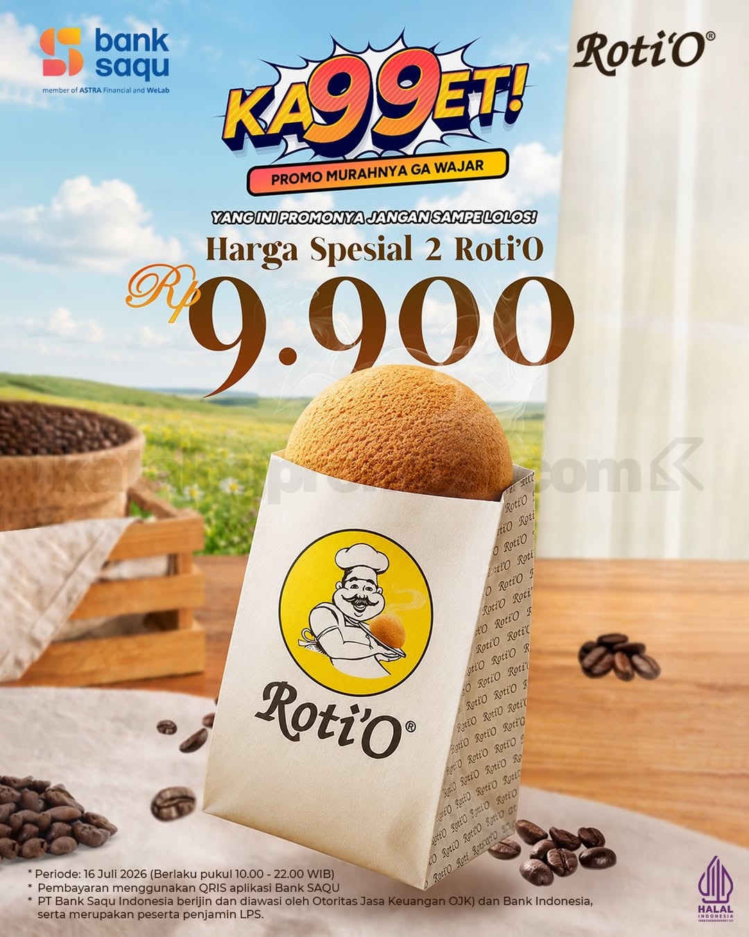 Promo Roti'O Bank Saqu 2 Roti Rp. 9.900 Promo Roti'O Bank Saqu 2 Roti Rp. 9.900 dengan pembayaran QRIS Bank Saqu pada 16 Juli 2026.