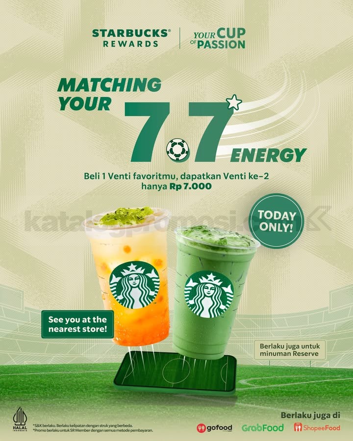 Promo Starbucks 7.7 Minuman Venti Kedua Rp. 7.000 Promo Starbucks 7.7 Minuman Venti Kedua Rp. 7.000 untuk Starbucks Rewards Member dengan bonus gratis Mocha Nougat Cake.