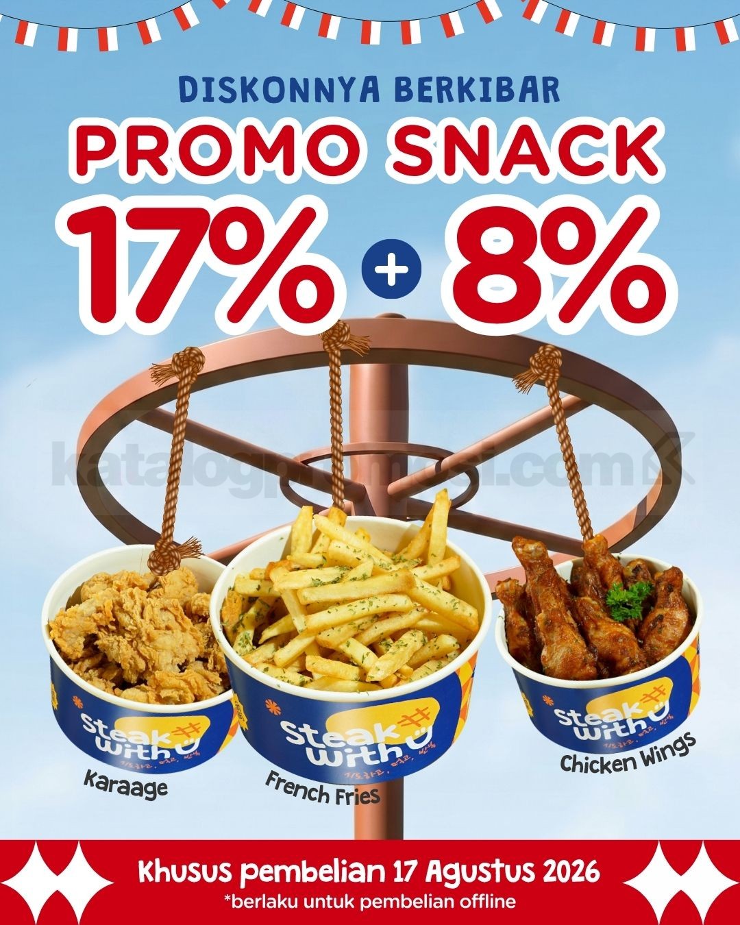 Promo Steak With U 17 Agustus, Diskon Snack 17% + 8% Promo Steak With U 17 Agustus diskon snack 17% + 8% untuk Karaage, French Fries, dan Chicken Wings di Surabaya.