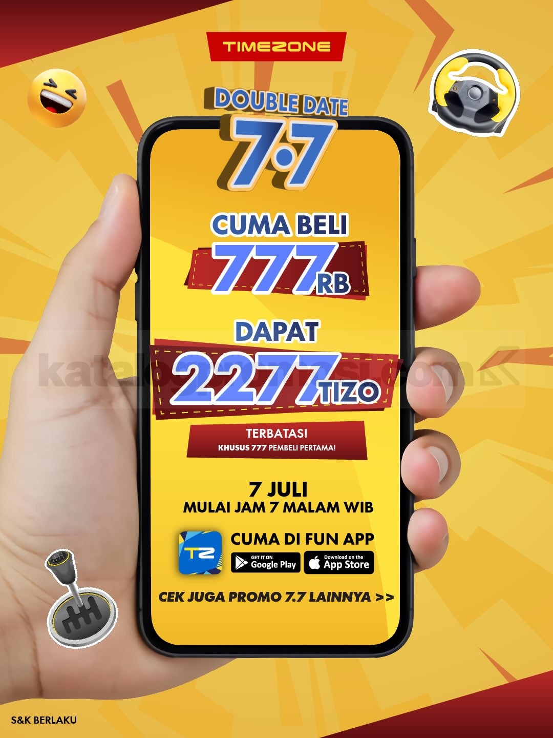 Promo Timezone 7.7 Bonus Tizo hingga 2.277 Tizo Promo Timezone 7.7 Bonus Tizo hingga 2.277 Tizo melalui Reload Fun App berlaku 7 Juli 2026.