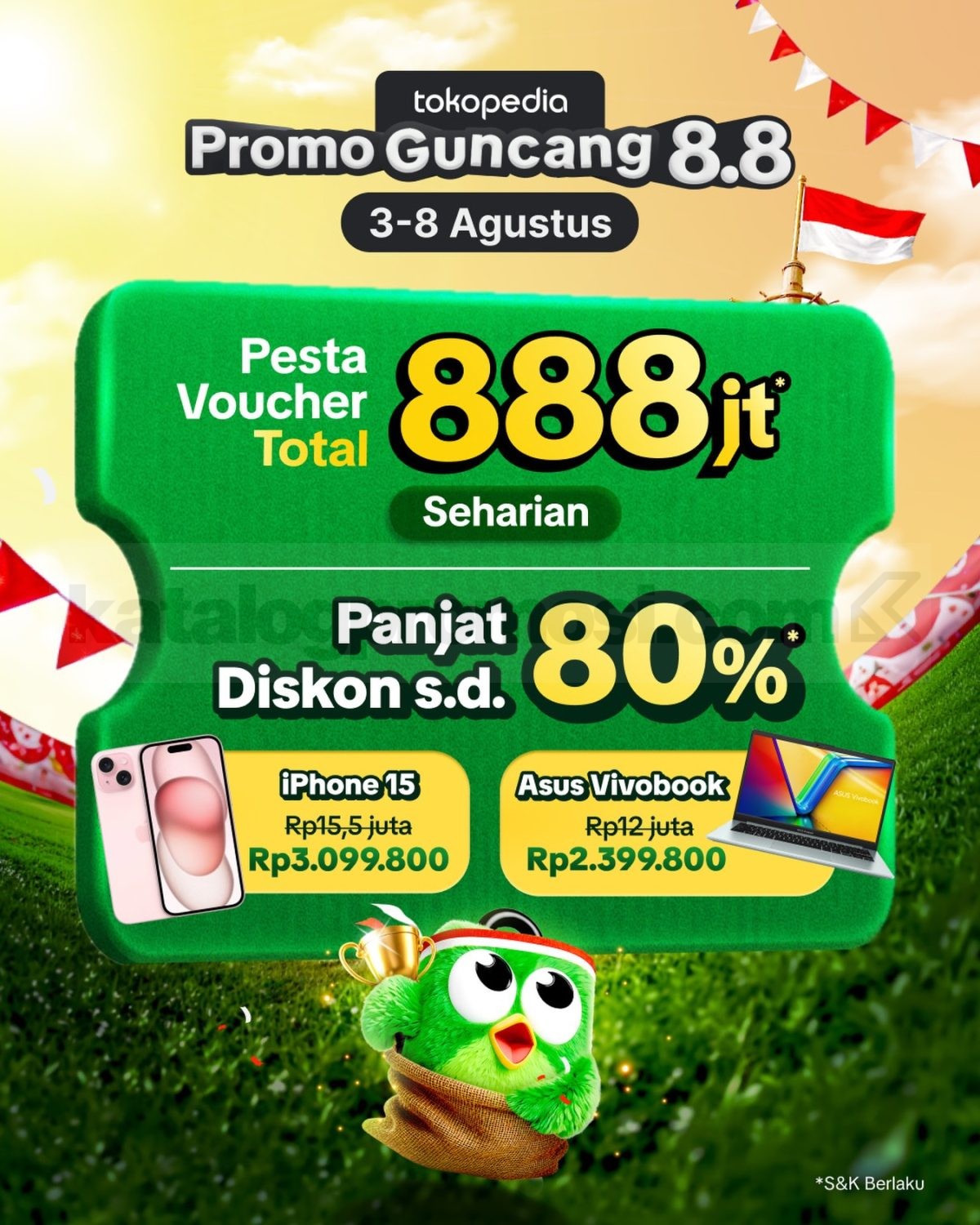 Promo Tokopedia Guncang 8.8 Flash Sale Rp8.000 & Diskon 80% Promo Tokopedia Guncang 8.8 Flash Sale Rp8.000 & Diskon 80% pada 3–8 Agustus 2026.