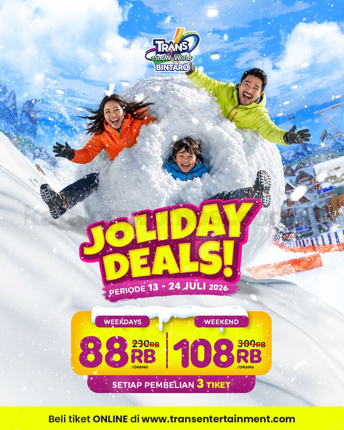 Promo Trans Snow World Bintaro Joliday Deals 3 Tiket Mulai Rp. 88.000 Promo Trans Snow World Bintaro Joliday Deals 3 Tiket Mulai Rp. 88.000 dengan Kereta Gantung, Spinning Tire, dan sepatu boots.