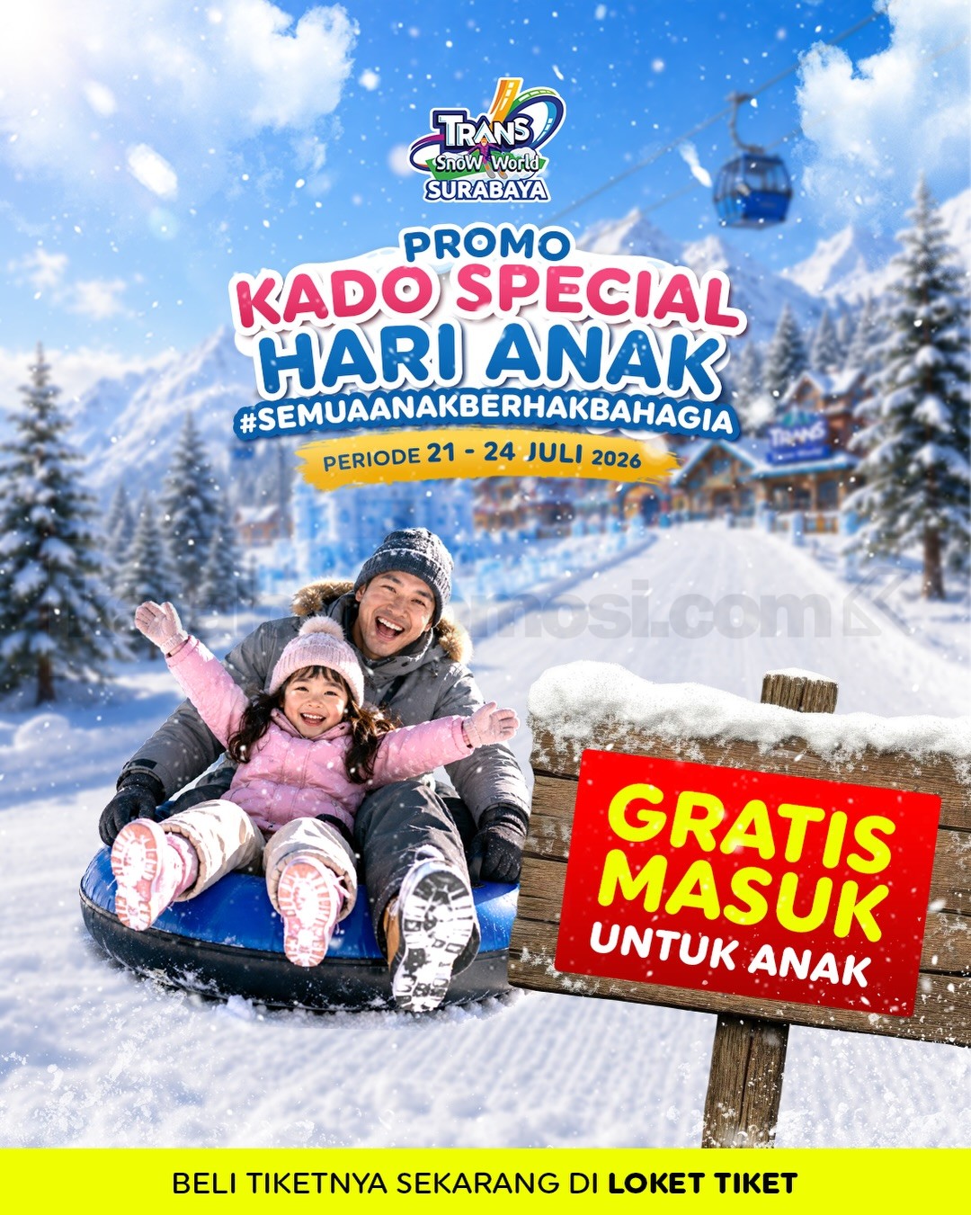 Promo Trans Snow World Surabaya Hari Anak Gratis Tiket Masuk Promo Trans Snow World Surabaya Hari Anak Gratis Tiket Masuk untuk anak usia 0–12 tahun periode 21–24 Juli 2026.