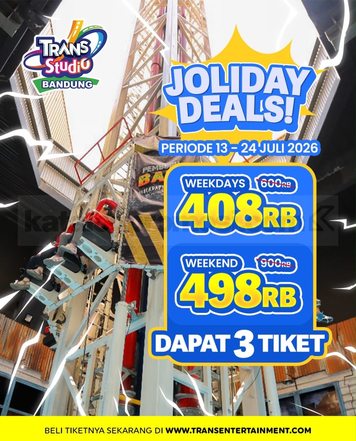 Promo Trans Studio Bandung Joliday Deals 3 Tiket Mulai Rp. 408.000 Promo Trans Studio Bandung Joliday Deals 3 Tiket Mulai Rp. 408.000 dengan harga spesial weekday dan weekend.