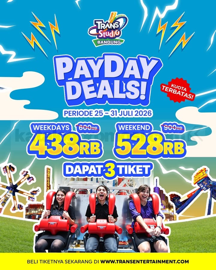 Promo Trans Studio Bandung Payday Deals 3 Tiket Mulai Rp. 438.000 Promo Trans Studio Bandung Payday Deals 3 Tiket Mulai Rp. 438.000 untuk paket liburan hemat periode 25-31 Juli 2026.