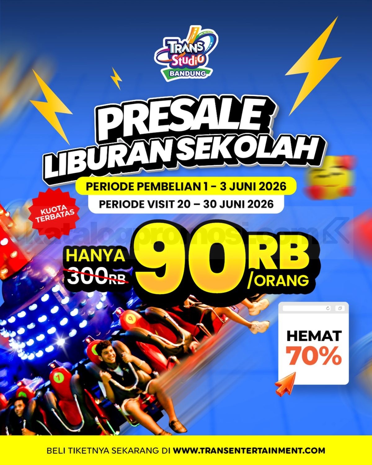 Promo Trans Studio Bandung Presale Liburan Sekolah Rp. 90.000 Promo Trans Studio Bandung Presale Liburan Sekolah Rp. 90.000 dengan periode pembelian 1 hingga 3 Juni 2026.