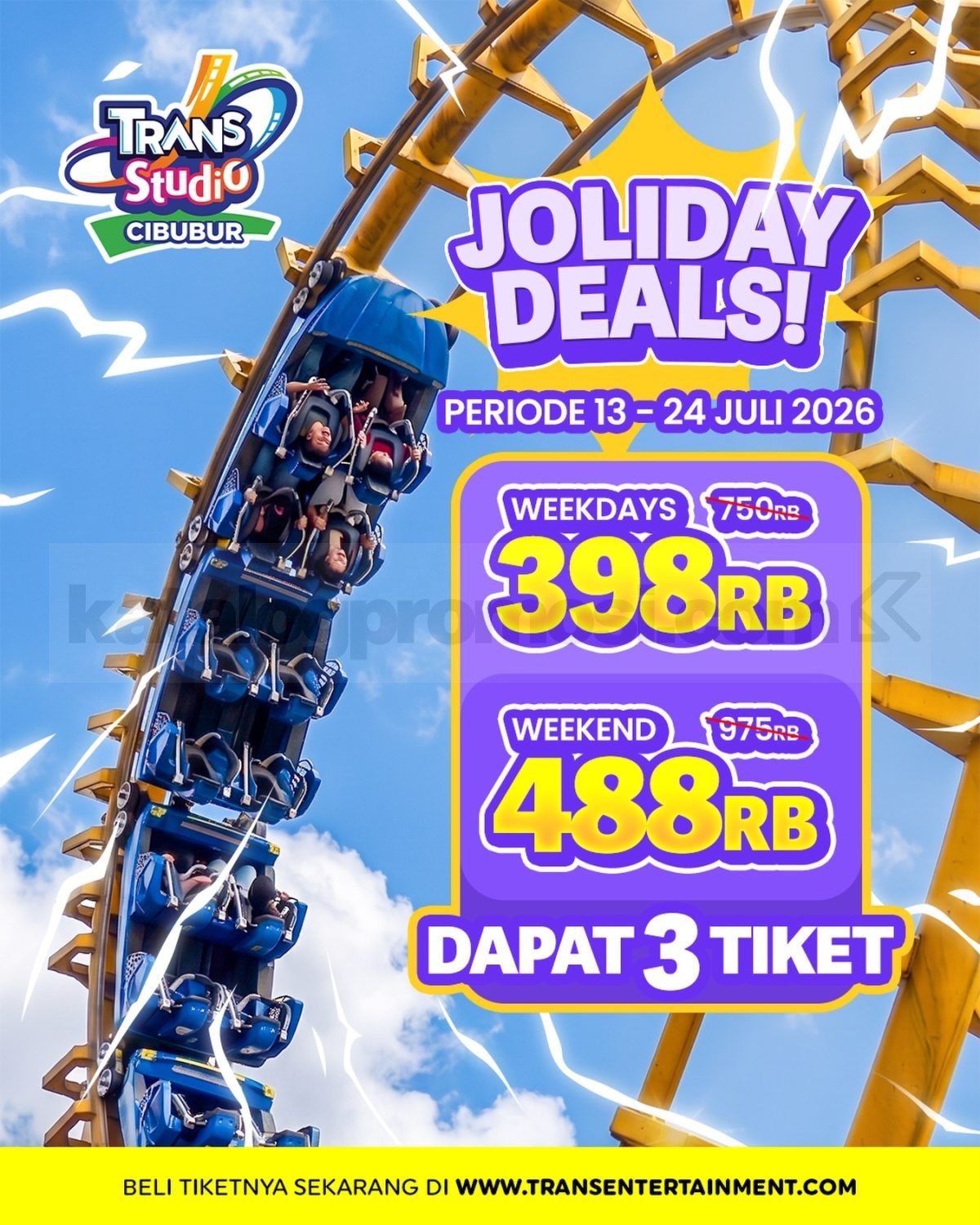 Promo Trans Studio Cibubur Joliday Deals 3 Tiket Mulai Rp. 398.000 Promo Trans Studio Cibubur Joliday Deals 3 Tiket Mulai Rp. 398.000 dengan hemat hingga Rp. 487.000.