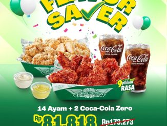 Promo Wingstop Birthday Special Flavor Saver Rp. 81.818 paket 14 ayam dan 2 Coca-Cola Zero periode Juni 2026.