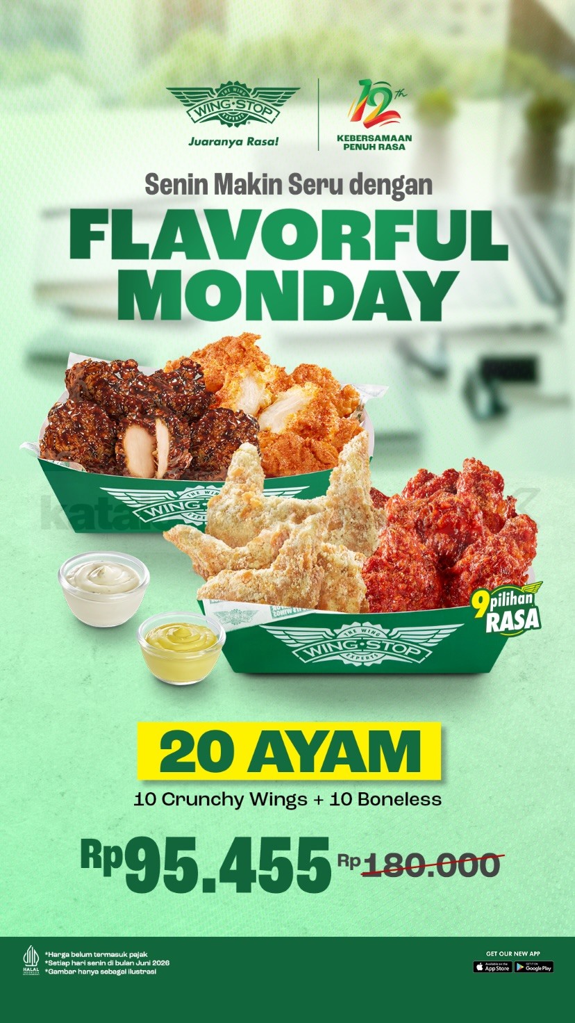 Promo Wingstop Flavorful Monday 20 Ayam Rp. 95.455 Promo Wingstop Flavorful Monday 20 Ayam Rp. 95.455 dengan 10 Crunchy Wings dan 10 Boneless pilihan 9 rasa
